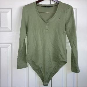 Tommy Hilfiger Sage Green Cotton Long Sleeve Bodysuit V Neck Large